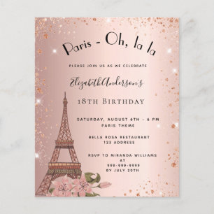 Birthday Paris roos gold Eiffel budget uitnodiging Flyer