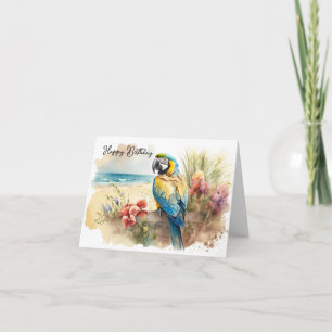 Birthday Parrot met tropische bloemen Kaart