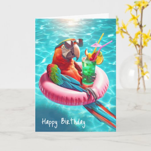Birthday Parrot With Drink Kaart (Gele Bloem)