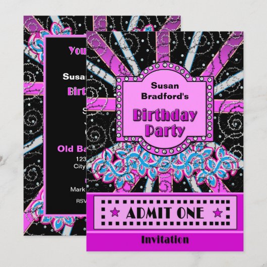 BIRTHDAY PARTIJ INVITATIE - BROADWAY TICKET STYLE KAART (Voorkant / Achterkant)