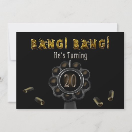 BIRTHDAY PARTIJ INVITATION - 20TH - BANG BANG! KAART (Voorkant)