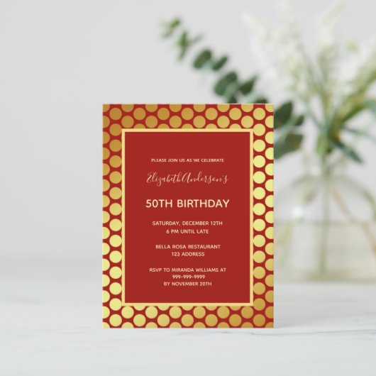 Birthday partij roodgouduitnodiging briefkaart (Staand voorkant)