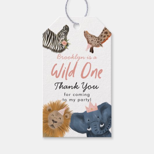 Birthday Partij voor de Roze Wilde One Safari Dier Cadeaulabel (Voorkant)