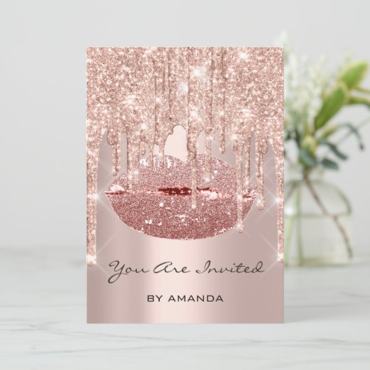 Birthday Party 16th Kiss Lips Roos Glitter Kaart (Staand voorkant)