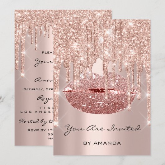 Birthday Party 16th Kiss Lips Roos Glitter Kaart (Voorkant / Achterkant)