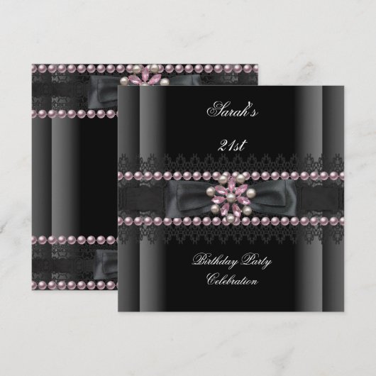 Birthday Party 21st Black White Pearl Kaart (Voorkant / Achterkant)