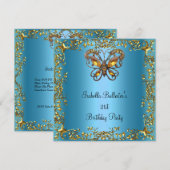 Birthday Party 21st Butterfly Blauwgroen Blue Gold Kaart (Voorkant / Achterkant)