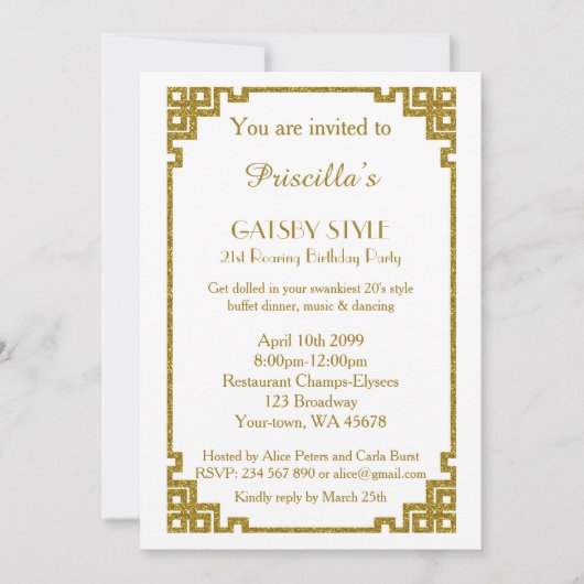 Birthday party 21st, Gatsby style, white & gold Kaart (Voorkant)