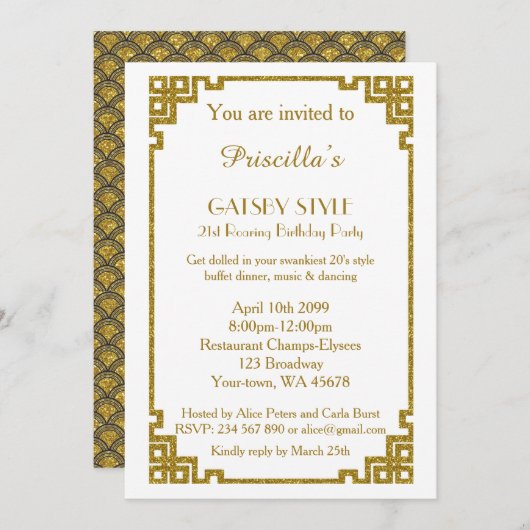 Birthday party 21st, Gatsby style, white & gold Kaart (Voorkant / Achterkant)