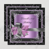 Birthday Party 21st Lila roze Silver Black Kaart (Voorkant / Achterkant)
