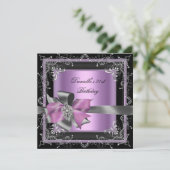 Birthday Party 21st Lila roze Silver Black Kaart (Staand voorkant)