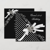 Birthday Party 21st Polka Dot Black White Bow Kaart (Voorkant / Achterkant)