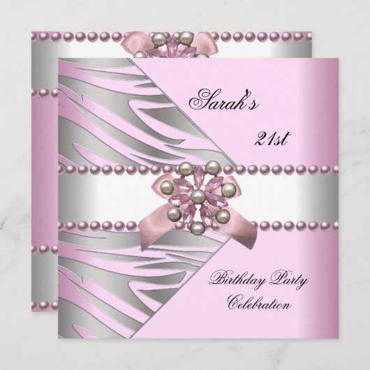 Birthday Party 21st roze Zebra White Pearl Kaart (Voorkant / Achterkant)