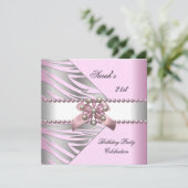 Birthday Party 21st roze Zebra White Pearl Kaart (Staand voorkant)