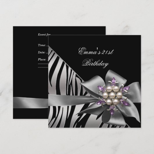 Birthday Party 21st Zebra Black Silver Bow Kaart (Voorkant / Achterkant)