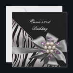 Birthday Party 21st Zebra Black Silver Bow Kaart<br><div class="desc">Birthday Party 21st Zebra Paars Black Silver Bow Pearl Jewel Noite Birthday Party Elegant. Zizzago</div>