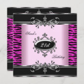Birthday Party 21st Zebra Black White Pink Silver Kaart (Voorkant / Achterkant)
