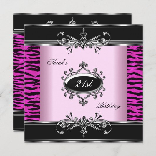 Birthday Party 21st Zebra Black White Pink Silver Kaart (Voorkant / Achterkant)