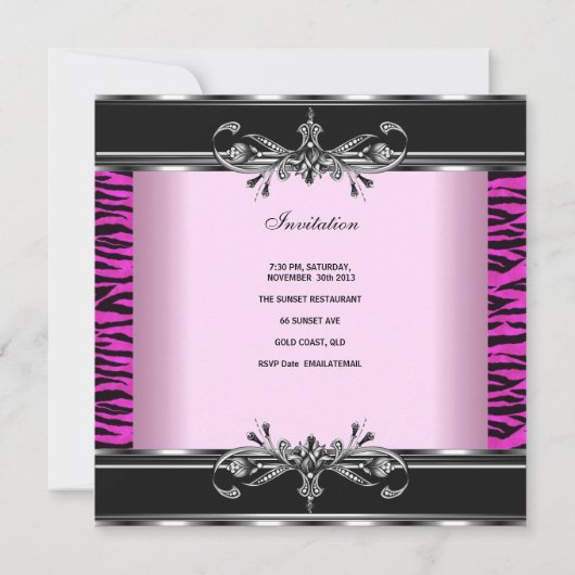 Birthday Party 21st Zebra Black White Pink Silver Kaart (Achterkant)