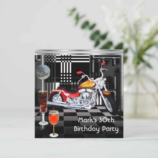 Birthday Party 30th Mannen Bike Drink Black White Kaart (Staand voorkant)