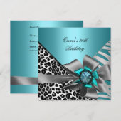 Birthday Party 30th Zebra Leopard Blauwgroen Blue  Kaart (Voorkant / Achterkant)