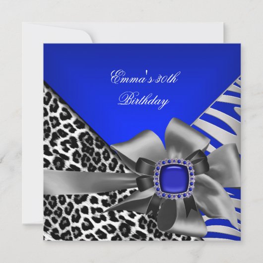 Birthday Party 30th Zebra Leopard Blue Black Kaart (Voorkant)