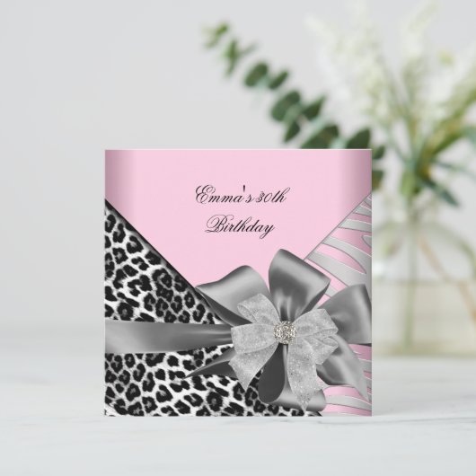 Birthday Party 30th Zebra Leopard Pink Black Kaart (Staand voorkant)