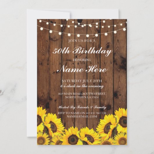 Birthday Party 40th 50th 60 Sunflower Wood invite Kaart (Voorkant)