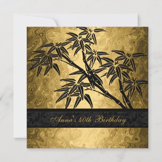 Birthday Party 40th Asian Gold Bamboo Black Floral Kaart (Voorkant)