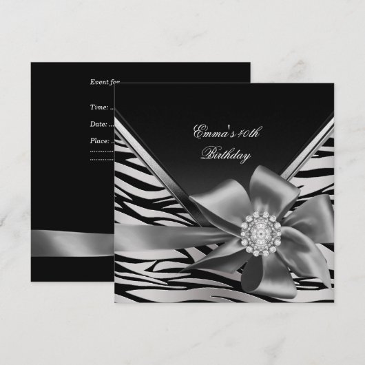 Birthday Party 40th Black Silver Zebra Diamond Kaart (Voorkant / Achterkant)