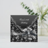 Birthday Party 40th Black White Silver Damask Kaart (Staand voorkant)