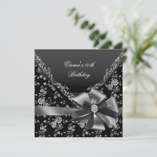 Birthday Party 40th Black White Silver Damask Kaart (Staand voorkant)