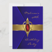 Birthday Party 40th Blue Faux Velvet Red Gem Kaart (Voorkant)