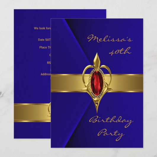 Birthday Party 40th Blue Faux Velvet Red Gem Kaart (Voorkant / Achterkant)