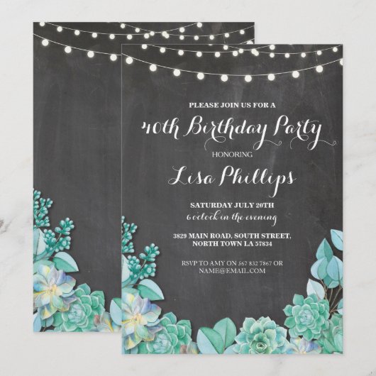 Birthday Party 40th Chalk Succulents Invite 30 60 Kaart (Voorkant / Achterkant)