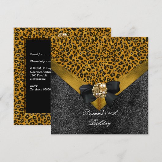 Birthday Party 40th Leopard Gold Black Jewel Kaart (Voorkant / Achterkant)