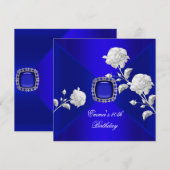 Birthday Party 40th Royal Blue Silver Roos Kaart (Voorkant / Achterkant)