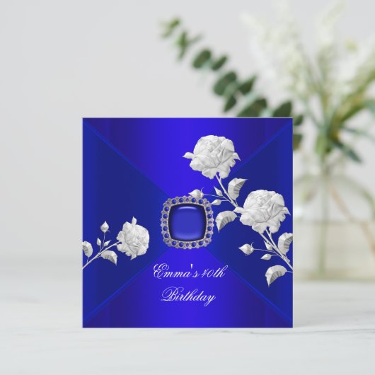 Birthday Party 40th Royal Blue Silver Roos Kaart (Staand voorkant)