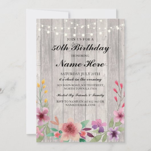 Birthday Party 40th Rustic Wood Floral Invite Kaart (Voorkant)