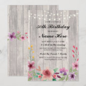 Birthday Party 40th Rustic Wood Floral Invite Kaart (Voorkant / Achterkant)