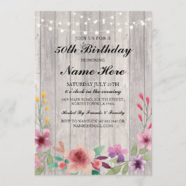 Birthday Party 40th Rustic Wood Floral Invite Kaart