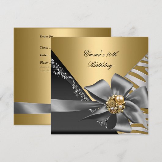 Birthday Party 40th Zebra Gold Black Silver Grey 2 Kaart (Voorkant / Achterkant)