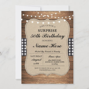 Birthday Party 50th Check Rustic Wood Black White Kaart