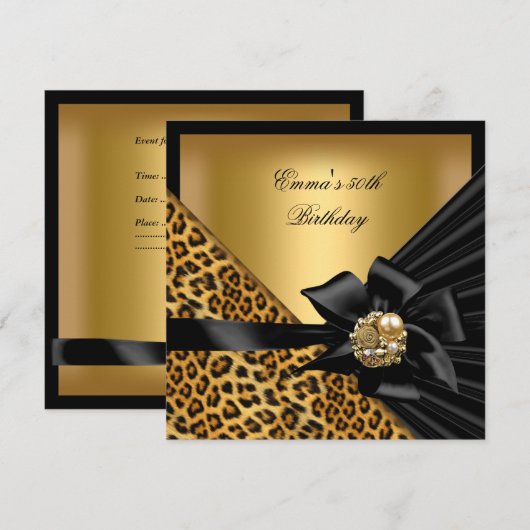 Birthday Party 50th Leopard Gold Black Bow Kaart (Voorkant / Achterkant)