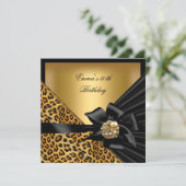 Birthday Party 50th Leopard Gold Black Bow Kaart (Staand voorkant)
