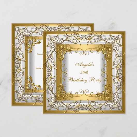 Birthday Party 50th White Gold Floral Kaart (Voorkant / Achterkant)