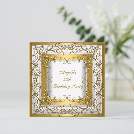 Birthday Party 50th White Gold Floral Kaart (Staand voorkant)