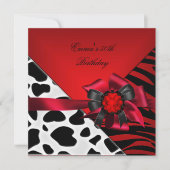 Birthday Party 50th Zebra Koe Red Black White Kaart (Voorkant)