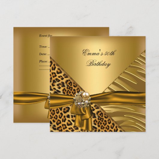 Birthday Party 50th Zebra Leopard Gold Black Bow Kaart (Voorkant / Achterkant)