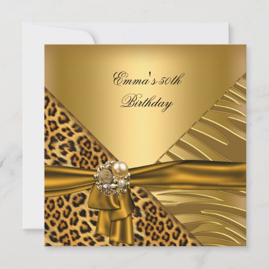 Birthday Party 50th Zebra Leopard Gold Black Bow Kaart (Voorkant)